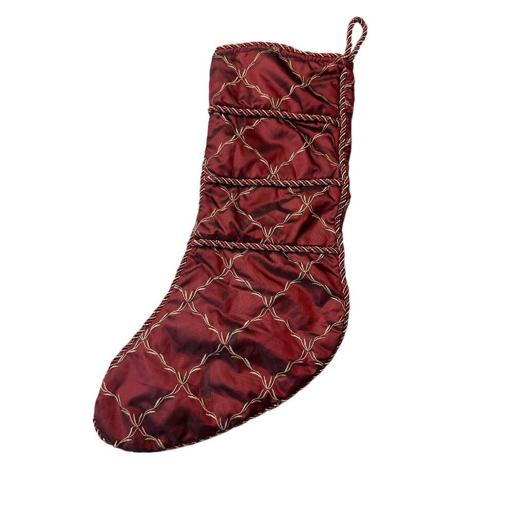 VTG Rodeo Home Satin Burgundy Red Christmas Stocking Elegant Gold Trim Roped